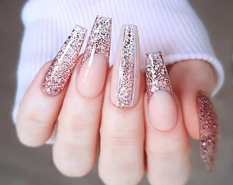 Press On Nails, Pink Champange Glitter, Hard Gel Press Ons, Custom Nails, Apres Nails