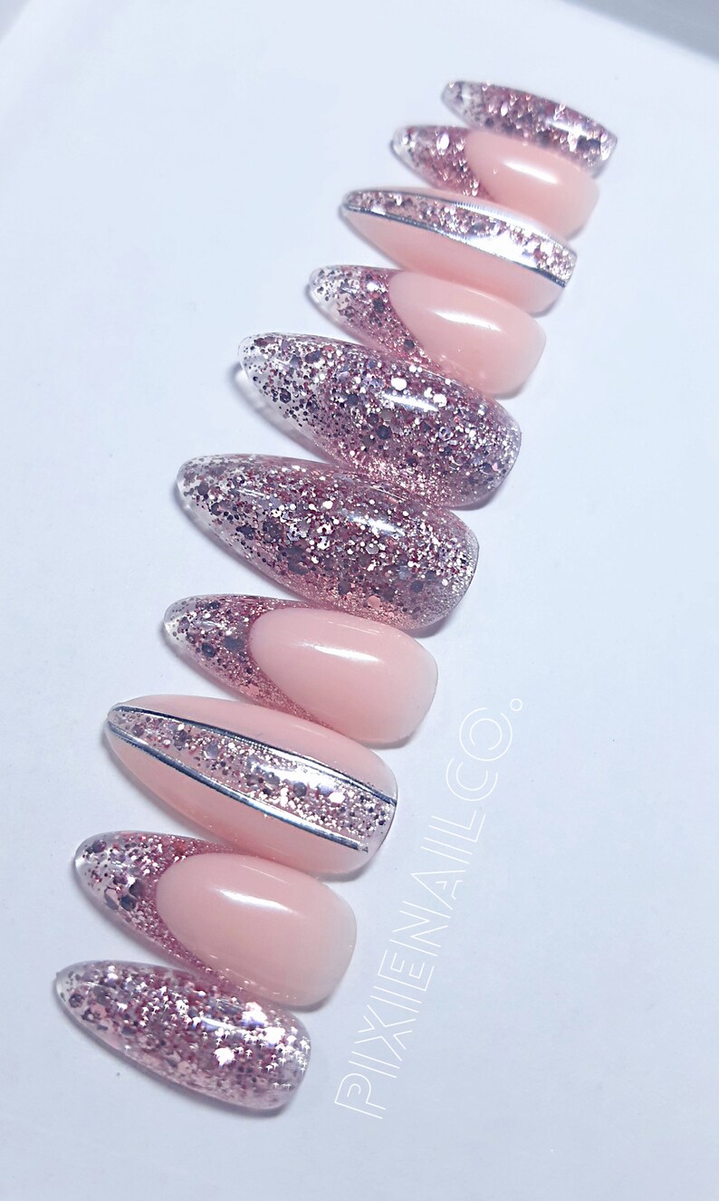 Press on Nails Pink Champange Glitter Hard Gel Press Ons Etsy