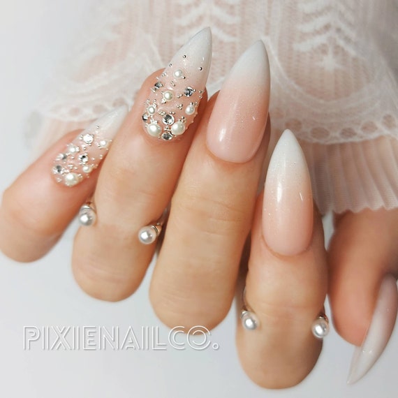 Cascading Crystals and Pearls on Shimmering French Fade Hard Gel Sculpted  Press On Nails
