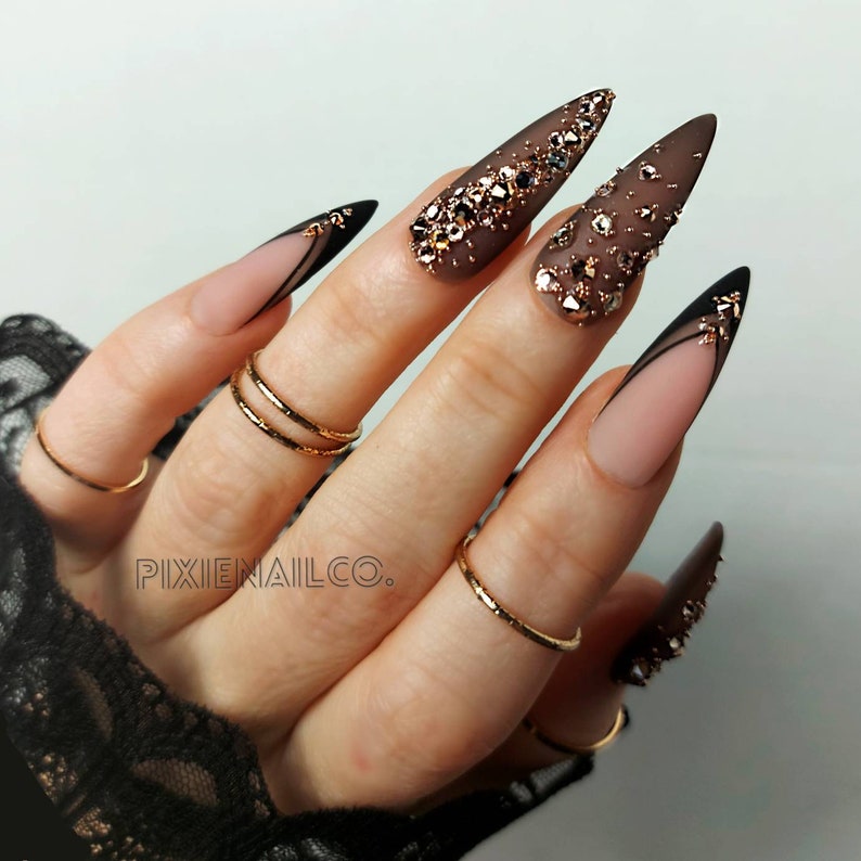 Black and Gold Glam Hard Gel Sculpted Professional Press On Nails image 3