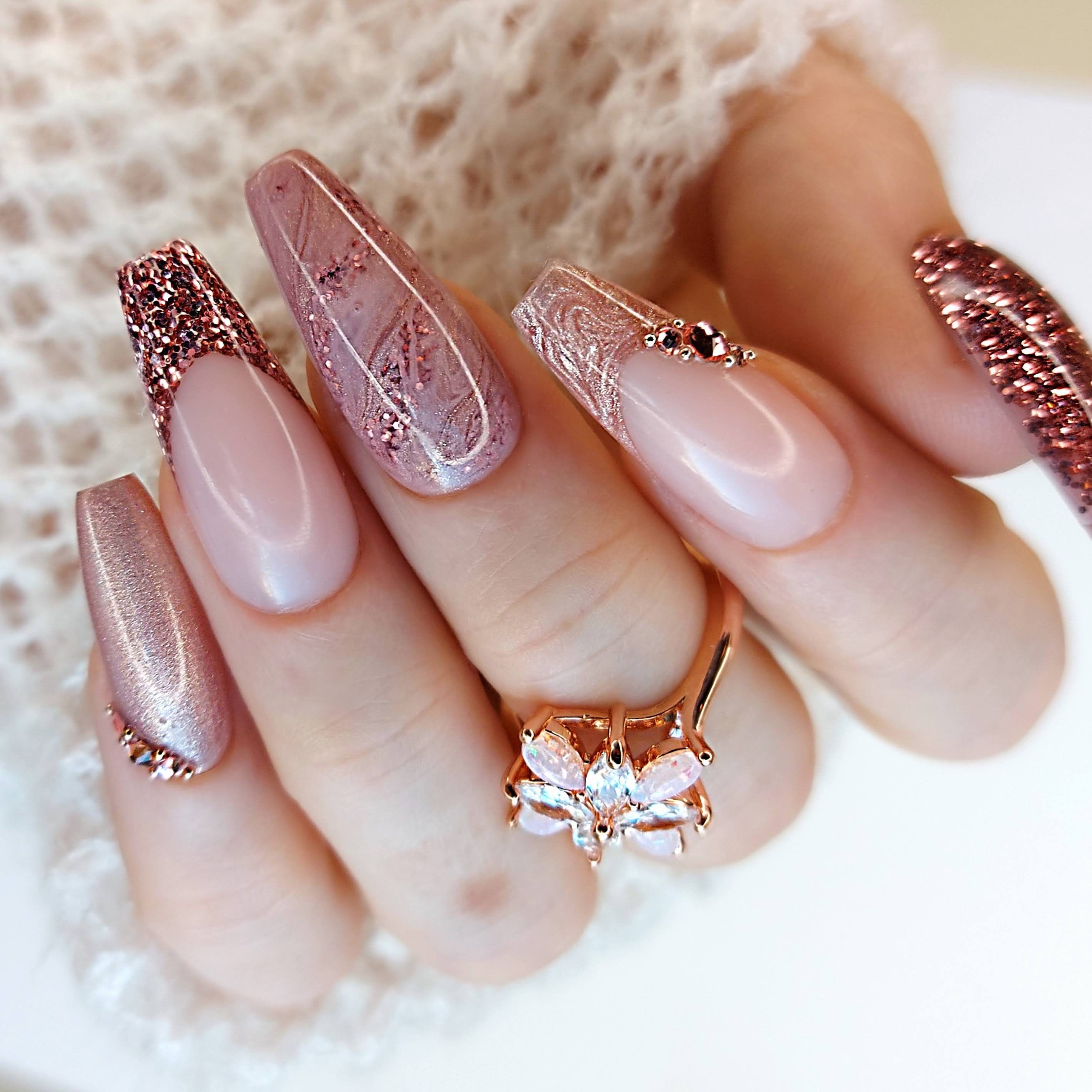 Press on Nails Swarovski Nails Rose Gold Glitter and Marble - Etsy