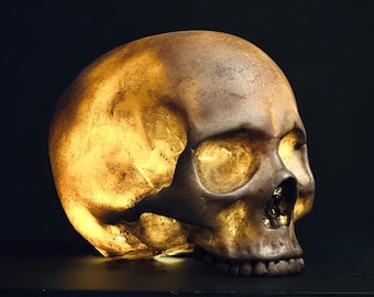 Puede incluir: Un cráneo humano hecho de un material marrón oscuro con un interior dorado. El cráneo está iluminado desde el interior, proyectando un brillo cálido.