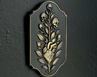 Snapdragon Life and Death Wall Plaque, Skull Wall Frame, Heart Gallery Wall Art, Gothic Home Decor, Gothic Wall Plaque, Dark Botanical Decor