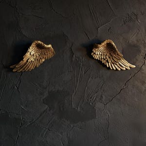 Op de afbeelding: Twee goudkleurige, gedetailleerde engelen vleugels zijn gemonteerd op een donkere, getextureerde muur. De vleugels zijn zo gepositioneerd dat ze lijken te vliegen, wat een vleugje elegantie en artistieke flair aan de ruimte toevoegt.