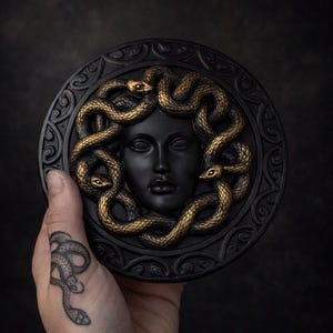 Può includere: Scultura circolare nera in rilievo raffigurante il volto di Medusa, ornata da serpenti dorati. La scultura ha un bordo dettagliato. Il volto di Medusa è nero e i serpenti sono dorati. La scultura è tenuta in una mano.