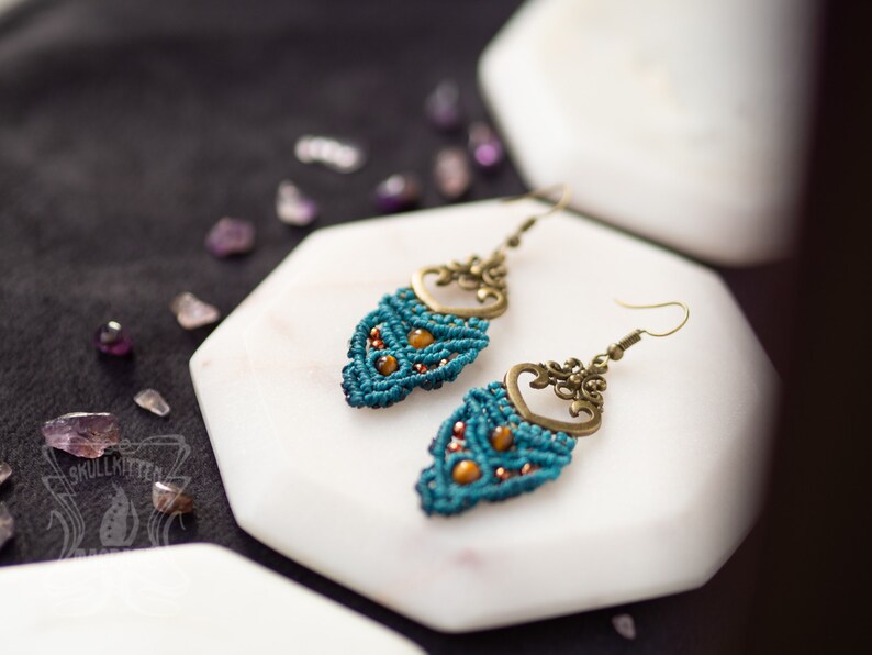 vintage boho jewelry woodland fairy Macrame earrings in petrol blue with tiger eye