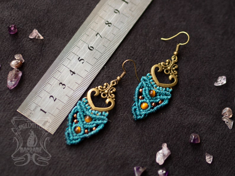 vintage boho jewelry woodland fairy Macrame earrings in petrol blue with tiger eye