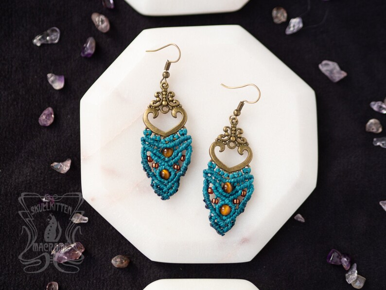 vintage boho jewelry woodland fairy Macrame earrings in petrol blue with tiger eye