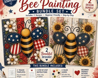 Patriotic Bee Painting Bundle Set – 2 Designs | Printable Acrylic Painting Kit | Beginner Friendly | Farmhouse Americana Art