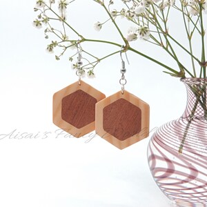 Wooden earrings boho style, hanging earrings, geometric, hexagon, wooden jewelry, earrings, natural jewelry elegant, real wood, women&#39;s day, mother&#39;s day