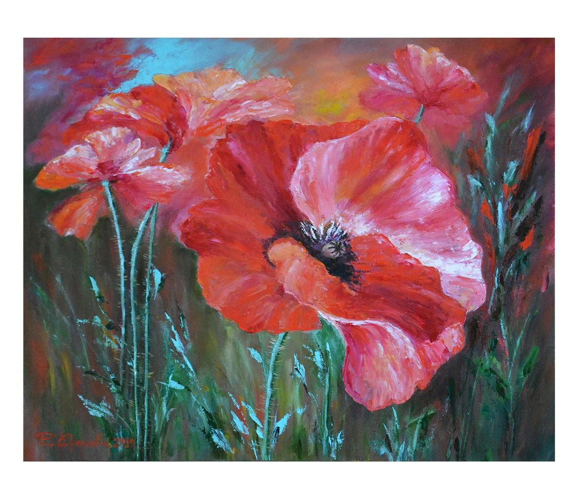 Poppy Painting Original Art Poppies Artwork Flowers Wall Decor Etsy