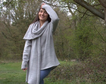 Knitted Cotton and mohair Oversized Jumper with integrated scarf detail