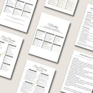 May include: A set of printable cleaning checklists for weekly, monthly, and deep cleaning. The checklists include tasks for different rooms, such as bathrooms, bedrooms, kitchens, and living areas. The checklists also include a section for extra tasks and notes.
