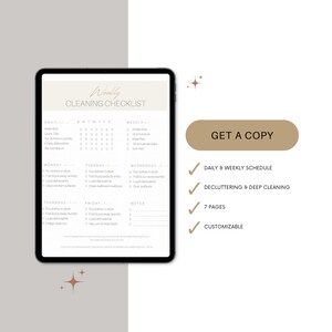 以下が含まれることがあります： 茶色と白のカラーテーマのデジタル印刷可能な清掃チェックリスト。チェックリストには、毎日の、毎週の、毎月のタスクが含まれています。「コピーを入手する」というテキストが茶色のボタンに表示されます。チェックリストには、メモ用のセクションも含まれています。