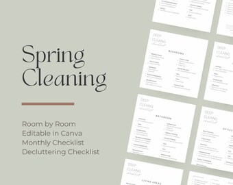 Könnte beinhalten: Eine druckbare Frühjahrsputz-Checkliste mit einer Aufschlüsselung nach Räumen. Die Checkliste ist in Canva bearbeitbar und enthält eine monatliche und eine Entrümpelung-Checkliste.
