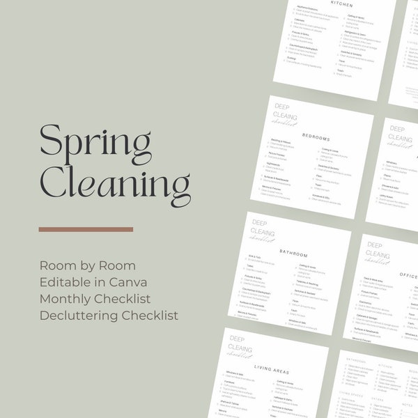 Frühjahrsputz Checkliste. Monatliche Reinigung, Tiefenreinigung, Entrümpelung und mehr. Druckbar und bearbeitbar.