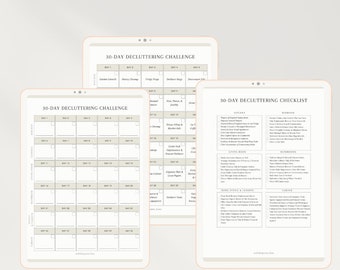May include: A printable 30-day decluttering challenge and checklist. The challenge is a calendar with daily tasks to declutter different areas of the home. The checklist is a list of areas to declutter, such as the kitchen, bedroom, bathroom, and office.