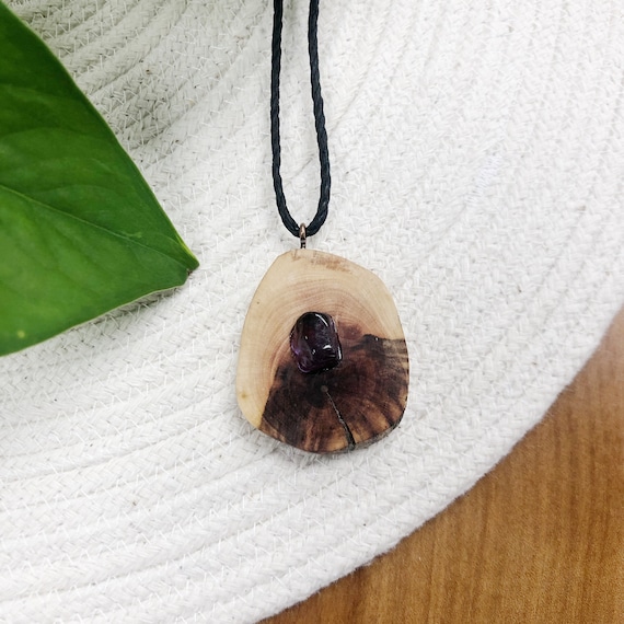 Manzanita Wood Amethyst Gemstone Hemp Necklace, Boho, Rustic
