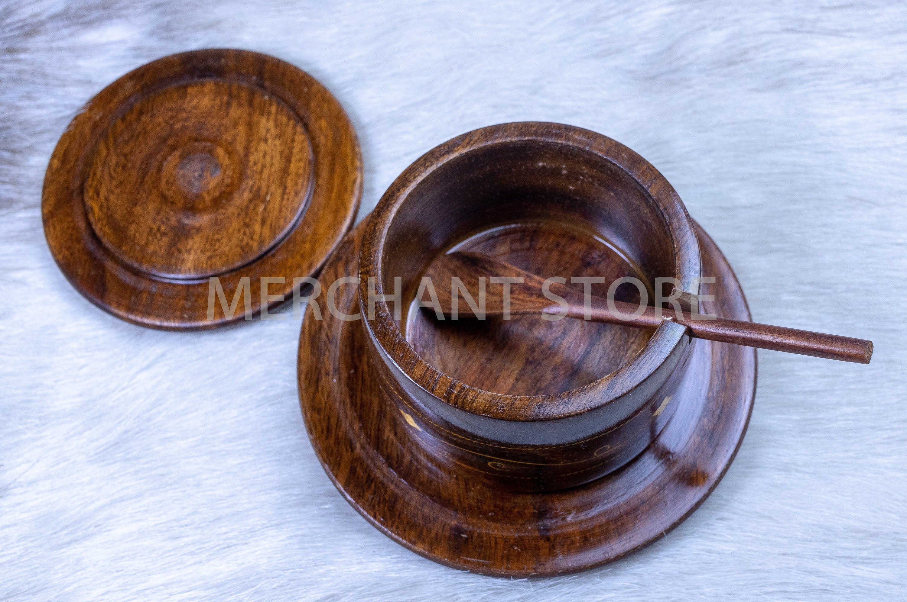 Wooden sugar pot with lid and spoon in rose wood brass inlay Etsy