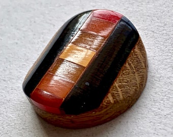 Vintage Round Wooden Button With Multicolored Bakelite Inlay, Curved Top Button,  1 - 1/16"