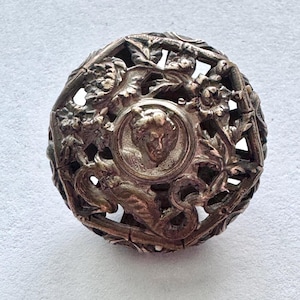 Antique Cricket Cage Button, Art Nouveau Figural Woman, Openwork Brass, Medium 1-1/8"