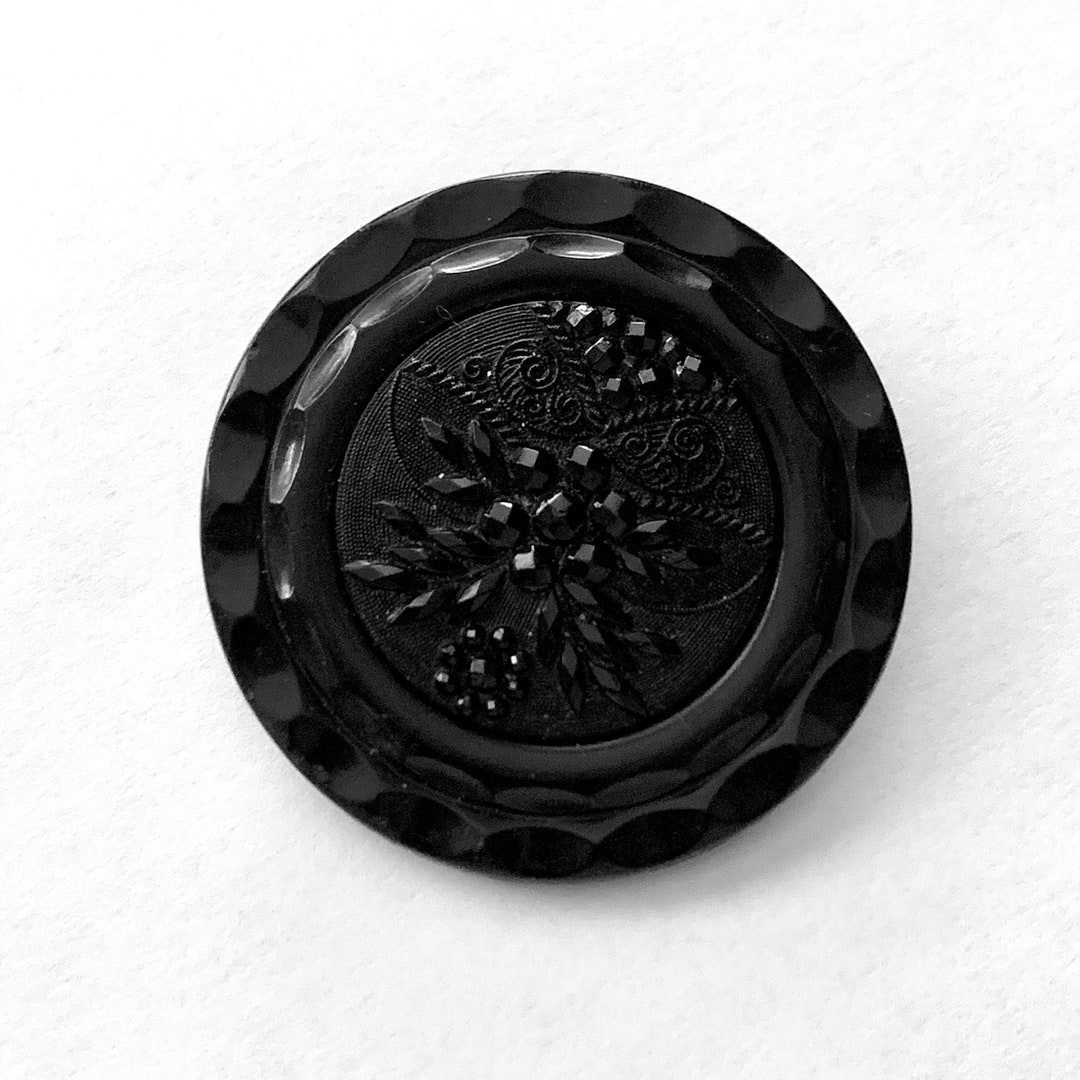 Antique Large Composition Button With Black Glass Center; Lacy Black ...