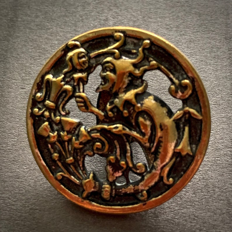 Antique Brass Button A.P Pierced Button; Back Mark /& C Paris Depose Button 1-116 Jester With Fool/'s Baton