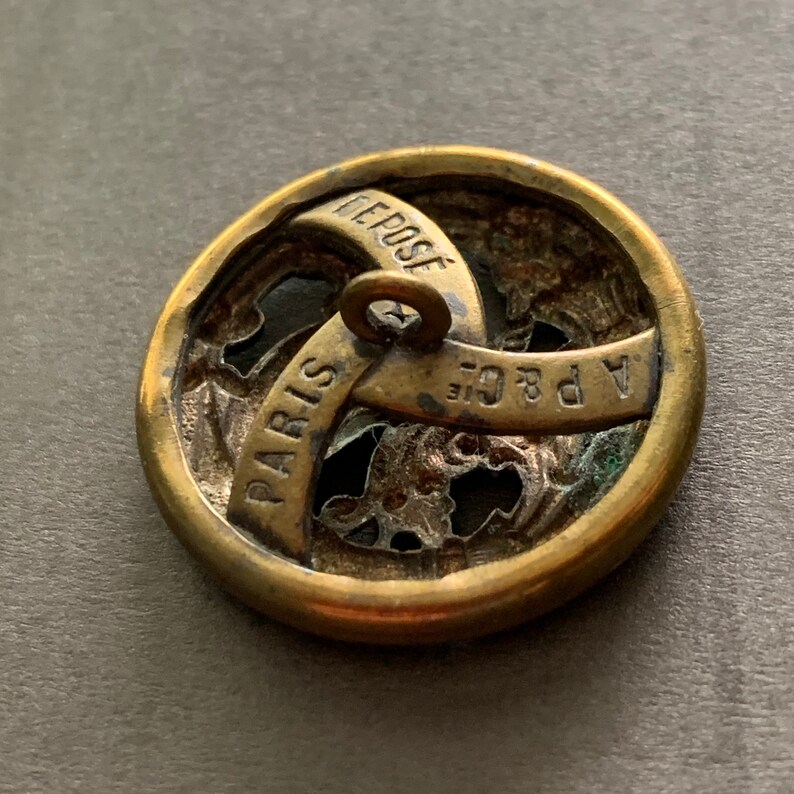 Antique Brass Button A.P Pierced Button; Back Mark /& C Paris Depose Button 1-116 Jester With Fool/'s Baton