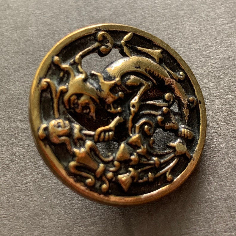 Antique Brass Button A.P Pierced Button; Back Mark /& C Paris Depose Button 1-116 Jester With Fool/'s Baton