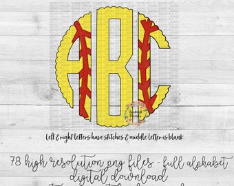 Softball Monogram PNG, Scallop Alphabet (Digital Download)
