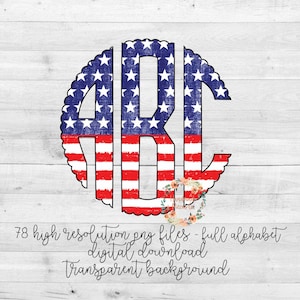 American Flag Monogram, Patriotic US Flag Monogram PNG, Scallop, Stars and Stripes Monogram, Fourth of July, Full Alphabet, Digital Download