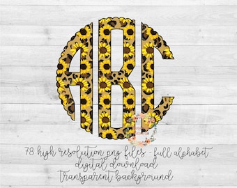 Scallop PNG, Sunflower and Leopard Monogram, Monogram PNG, Full Alphabet, Instant Download, Digital Download, Sublimation File