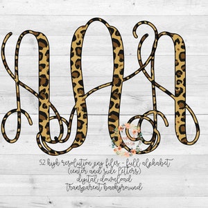 May include: A digital download featuring a monogram design with the letters M, A, and A. The letters are styled in a leopard print pattern with brown and black spots. The image includes text indicating 52 high-resolution PNG files, full alphabet, and a transparent background.