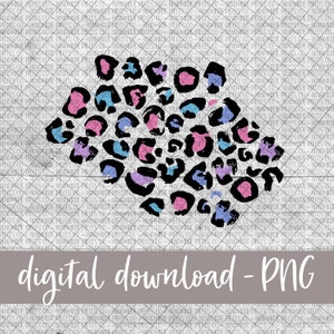 May include: A digital download graphic featuring a leopard print design. The spots are in shades of pink, blue, and purple, outlined in black. The text "digital download - PNG" is at the bottom.