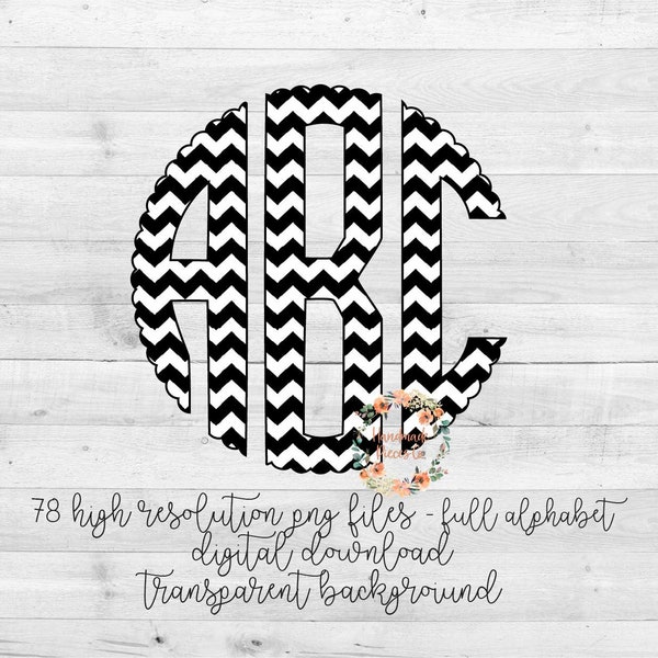 Black Chevron Monogram, Monogram PNG, Scallop, Chevron Monogram, Full Alphabet, Instant Download, Digital Download, Alphabet Pack