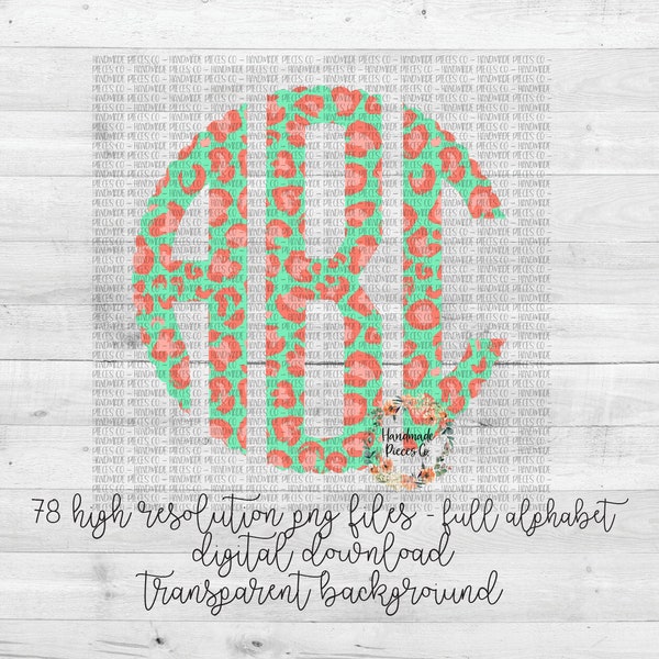 Leopard Monogram, Coral and Mint Monogram PNG, Scallop, Full Alphabet, Sublimation File, Fourth of July, Digital Download