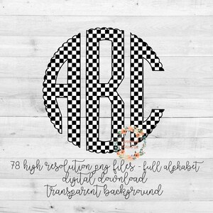 Checkerboard Monogram, Black and White, Scallop PNG, Monogram PNG, Full Alphabet, Instant Download, Digital Download, Sublimation File
