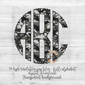 Monogram PNG, Camouflage Monogram, Black Camo, Scallop, Full Alphabet, Instant Download, Digital Download, Sublimation File, Alphabet Pack