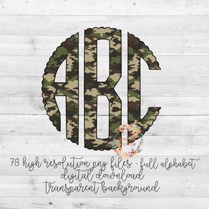 Monogram PNG, Camouflage Monogram, Scallop, Full Alphabet, Instant Download, Digital Download, Sublimation File, Alphabet Pack