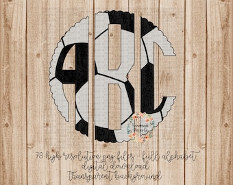 May include: A black and white soccer ball monogram with a scalloped border. The letters are cut out of the soccer ball design. The letters are A, B, and C. The image has a woodgrain background. 78 high resolution png files - full alphabet digital download transparent background.