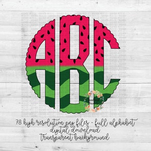 Watermelon Monogram PNG, Scallop PNG, Watermelon Pattern, Summer Monogram, Full Alphabet, Instant Download, Sublimation File, Alphabet Pack