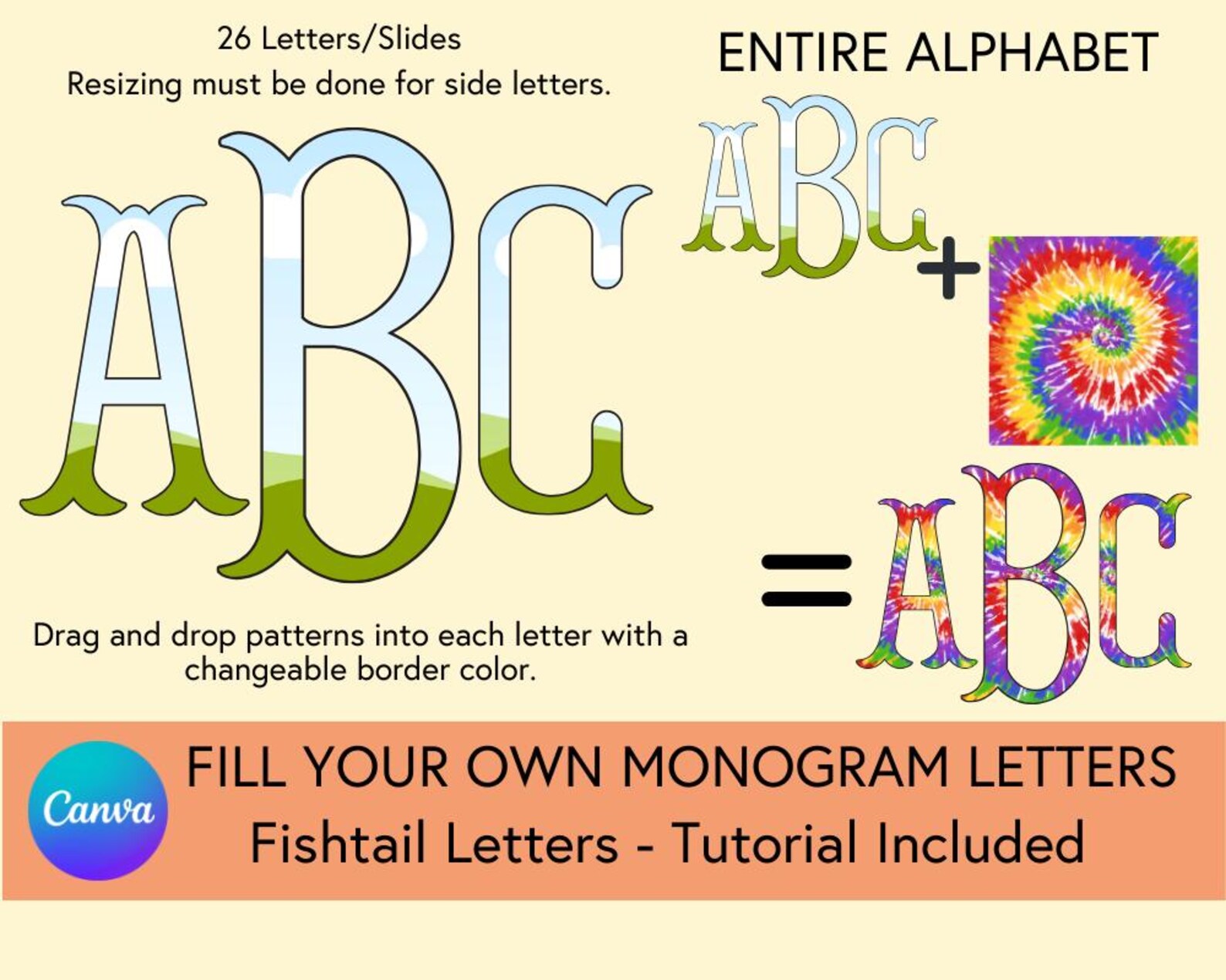 Script Fishtail Font Fishtail Monogram PNG, Fillable Alphabet Canva Template (instant ...