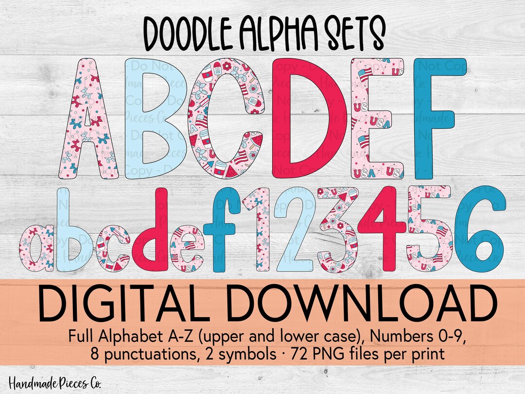 Patriotic Alphabet Set, Fourth of July Letters, Doodle Letter PNG, Full ...