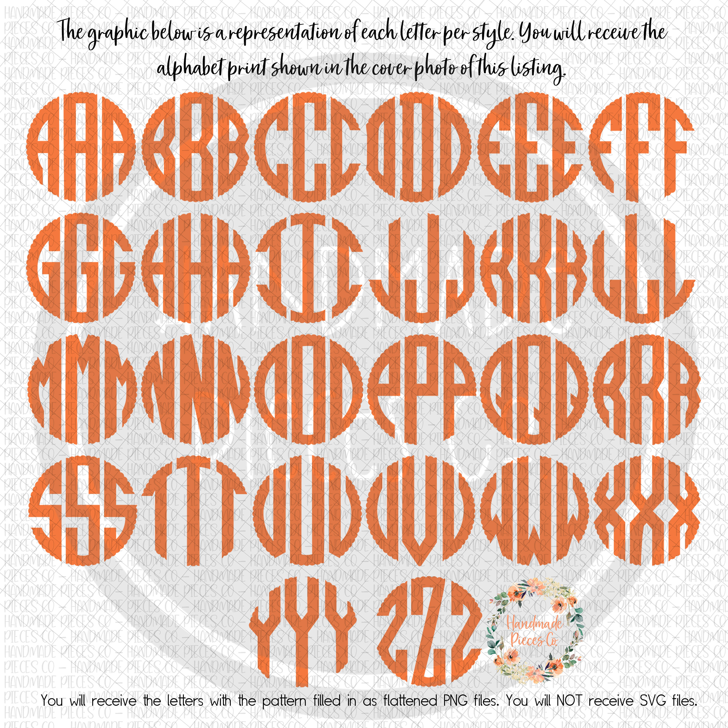 May include: A graphic showing the alphabet in a monogram style with a textured orange pattern. The letters are in a circle shape.