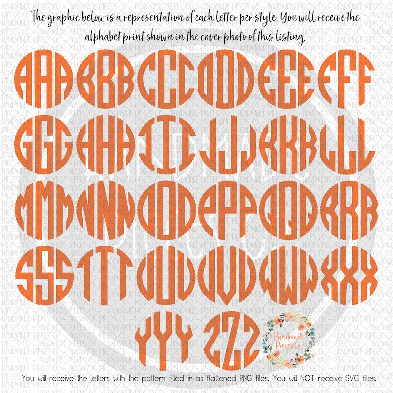 May include: A graphic showing the alphabet in a monogram style with a textured orange pattern. The letters are in a circle shape.