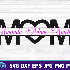 Mãe dividiu monograma svg. Design svg da mãe com nomes de crianças para cricut, silhueta, corte a laser, designs de sublimação para camisetas, copos, canecas.