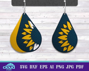 4 Sunflower earring svg, dxf, eps, png vector cut file. Faux leather or wood earring template bundle in 2 layers for cricut and laser cut.