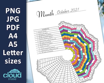 Circle Habit tracker - Circular mandala daily planner - A4, A5, Letter sizes. Printable PDF pages. Bullet journal template. Instant download