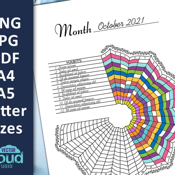 Circle Habit tracker - Circular mandala daily planner - A4, A5, Letter sizes. Printable PDF pages. Bullet journal template. Instant download