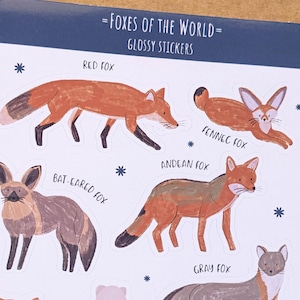Foxes of the World Stickers | Sitcker sheet | Red fox | Gray fox | Fennec fox | Artic fox | Bat-Eared fox